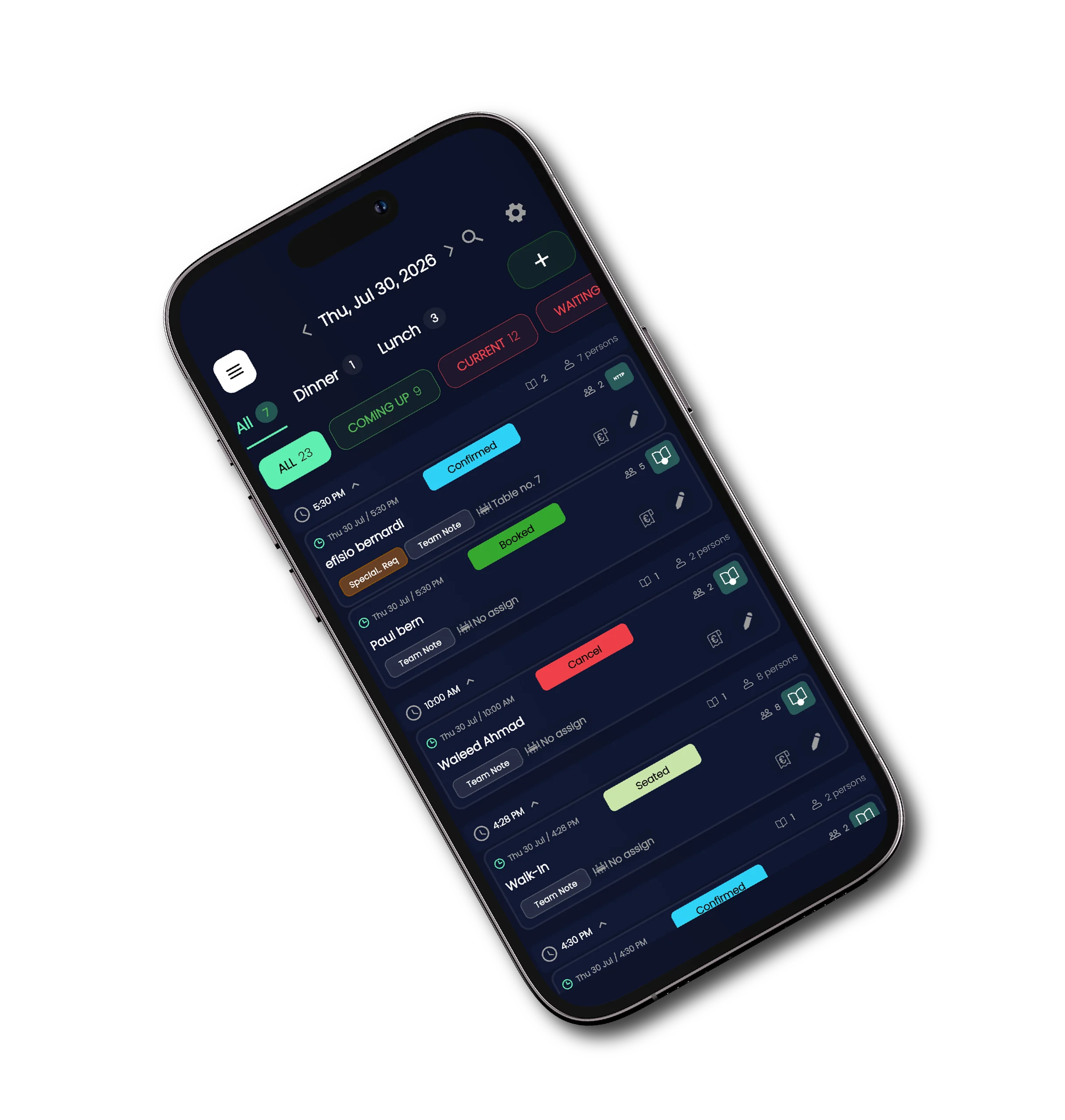 MealApp Manager reservations dashboard on a phone