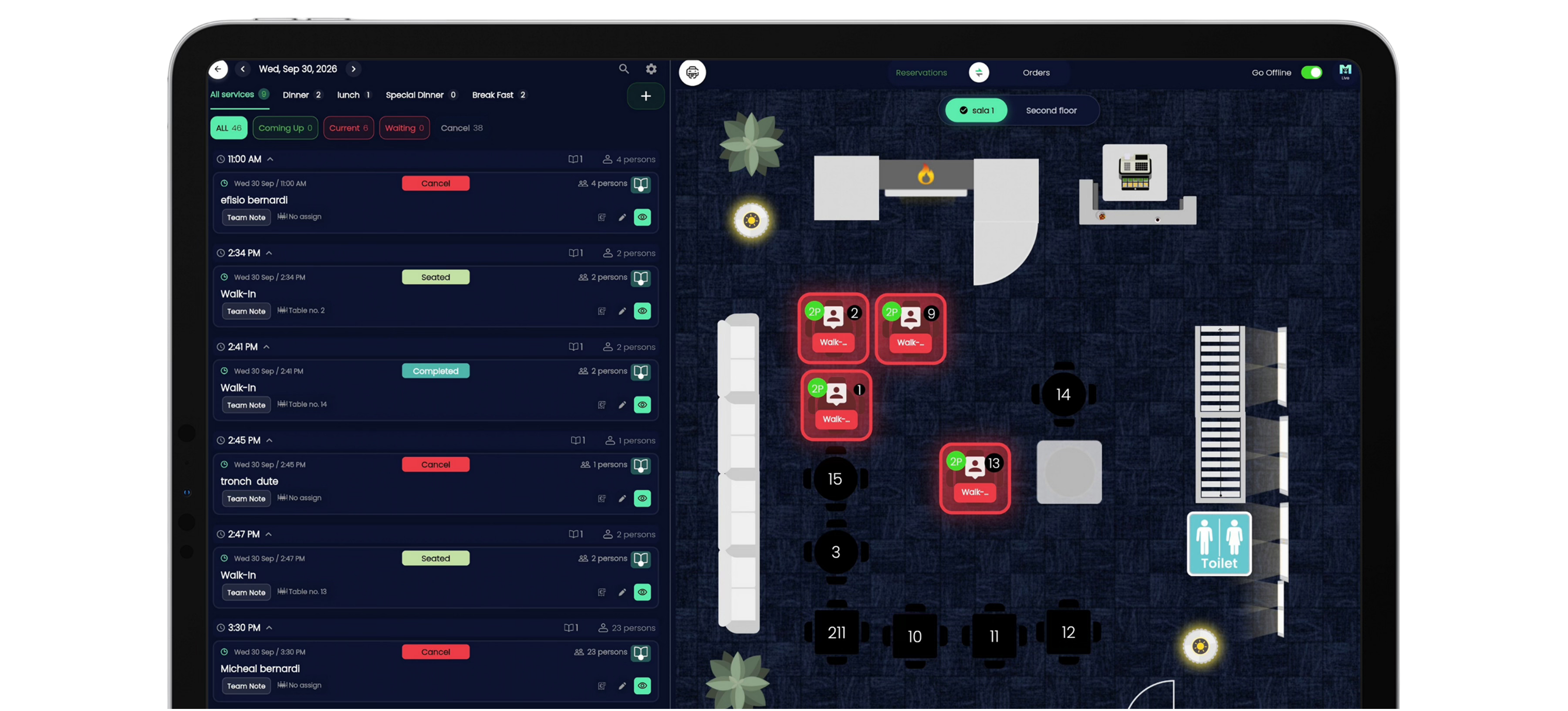MealApp Manager floor plan and reservations dashboard